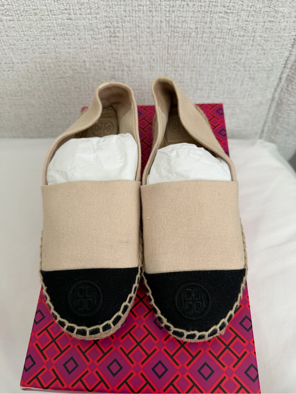 Tory Burch Beige Canvas Espadrille Flats with Black Toe Cap